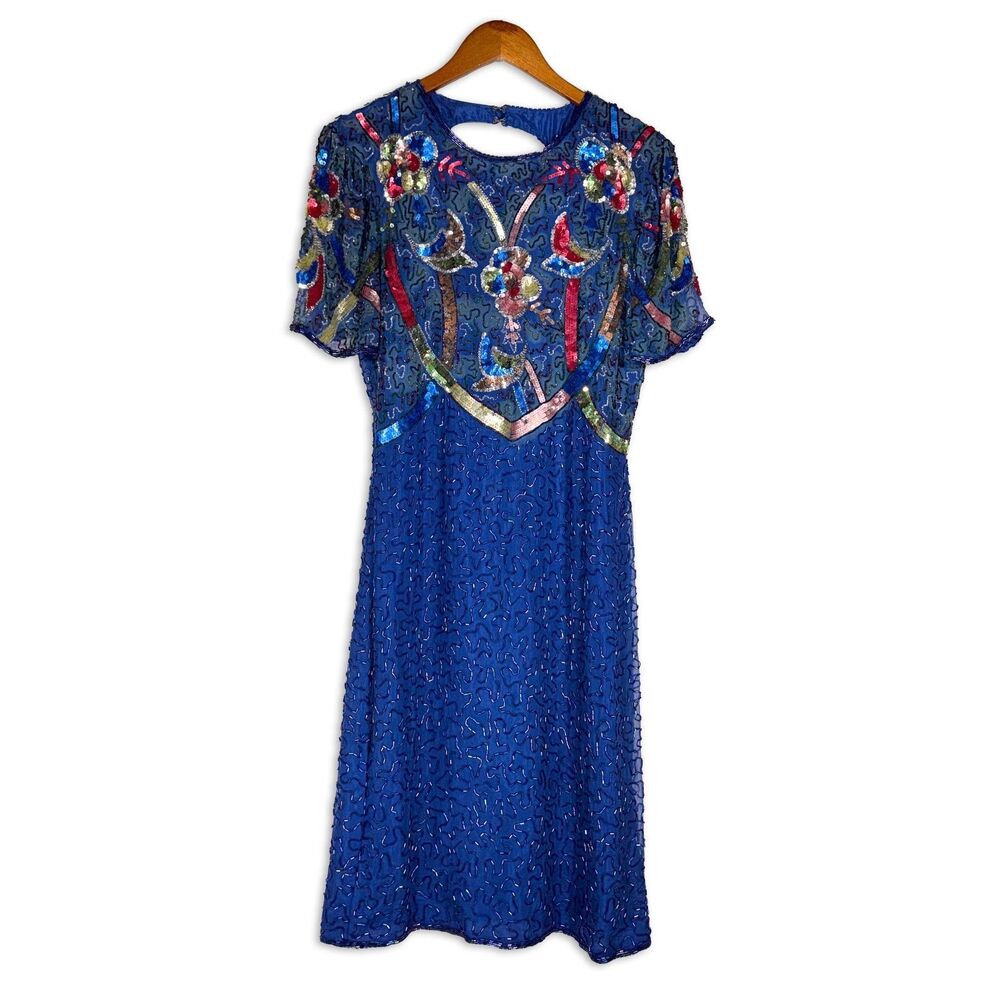 Amazing Vintage Beaded Sequin Dress Blue Size L 80s 90s Silky Nites Floral